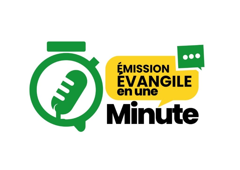 Logo Émission Évangile en une Minute — chronomètre, micro et bulle